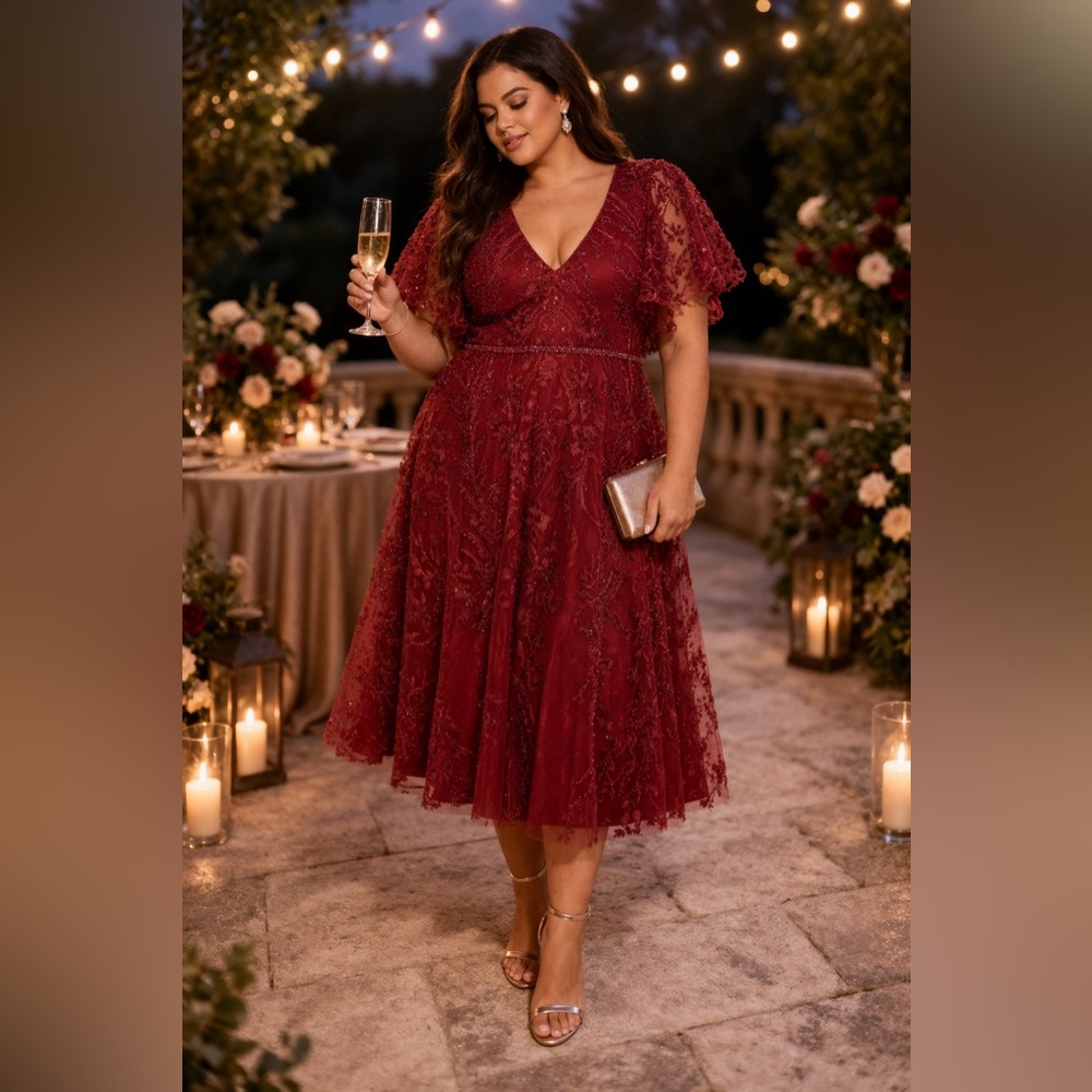 Mac Duggal Fabulouss Plus 20W Burgundy Lace Embroidered Butterfly Sleeve Dress - Picture 8 of 8